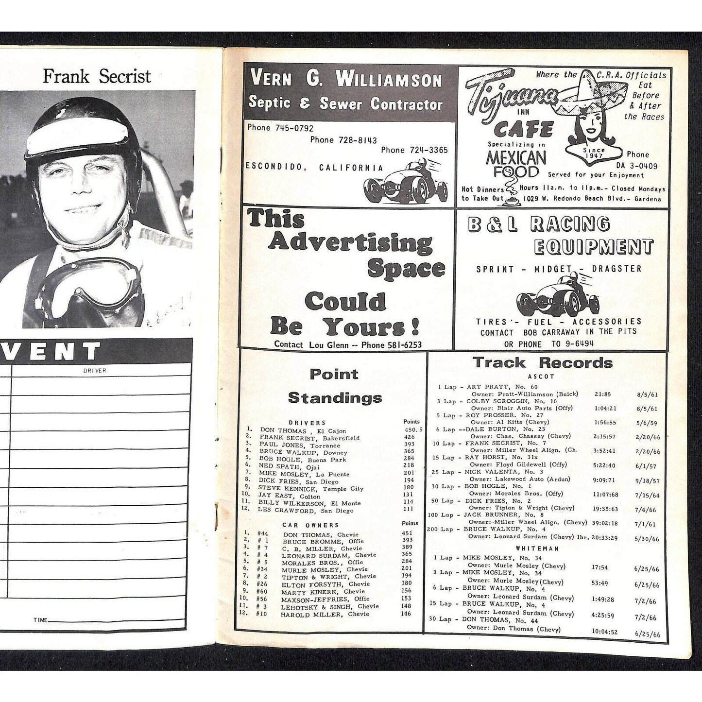 Scarce 7/16 1966 Sprint Car Auto Racing CRA Program Whiteman Speedway 16pp.