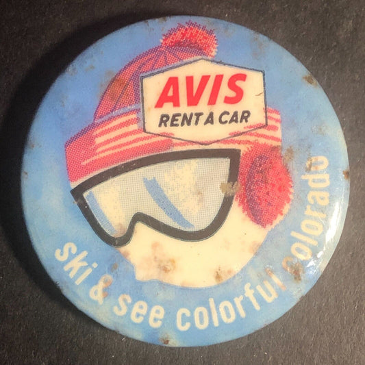 Avis Rent A Car Ski & See Colorful Colorado Steel Pinback Button - c1960's-70's