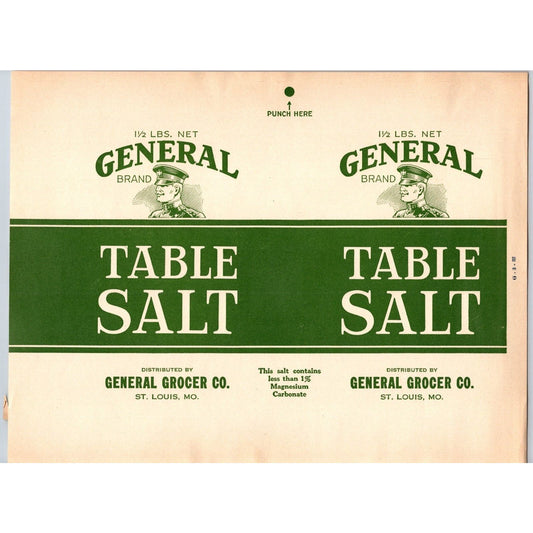 General Grocer Table Salt Paper Label c1932 St. Louis, MO Scarce