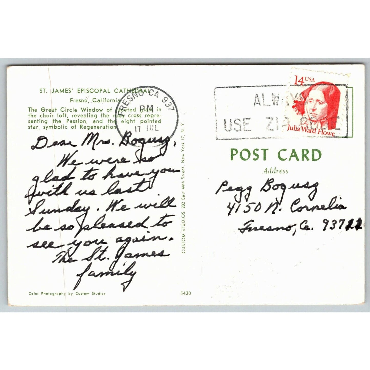 Vintage Postcard St. James Episcopal Cathedral, Fresno, California."