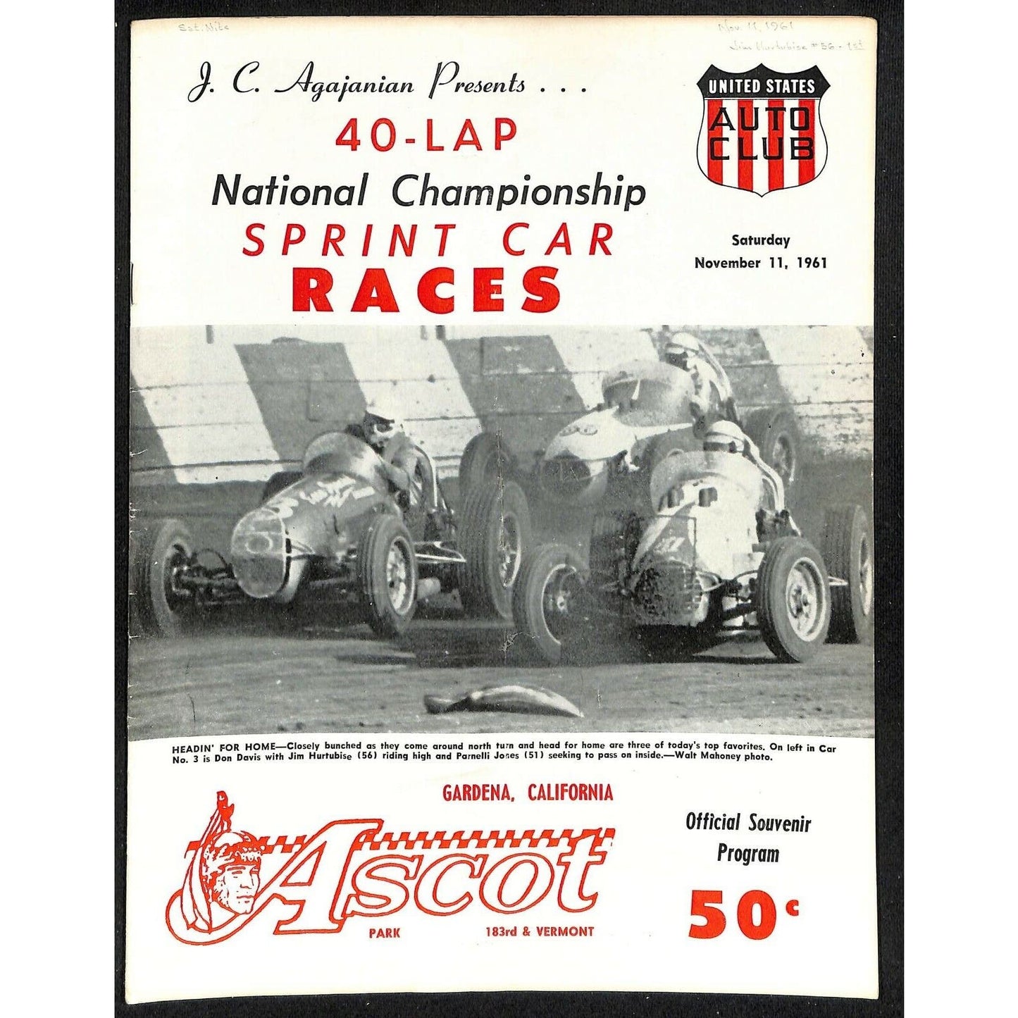 Scarce Nov 11 1961 USAC Championship Sprint Car Races Auto Racing Program Ascot