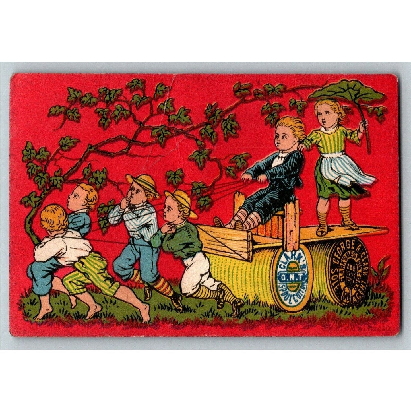 Victorian Trade Card Clark's O.N.T. Thread - Kids Pulling Wagon Made With Spools
