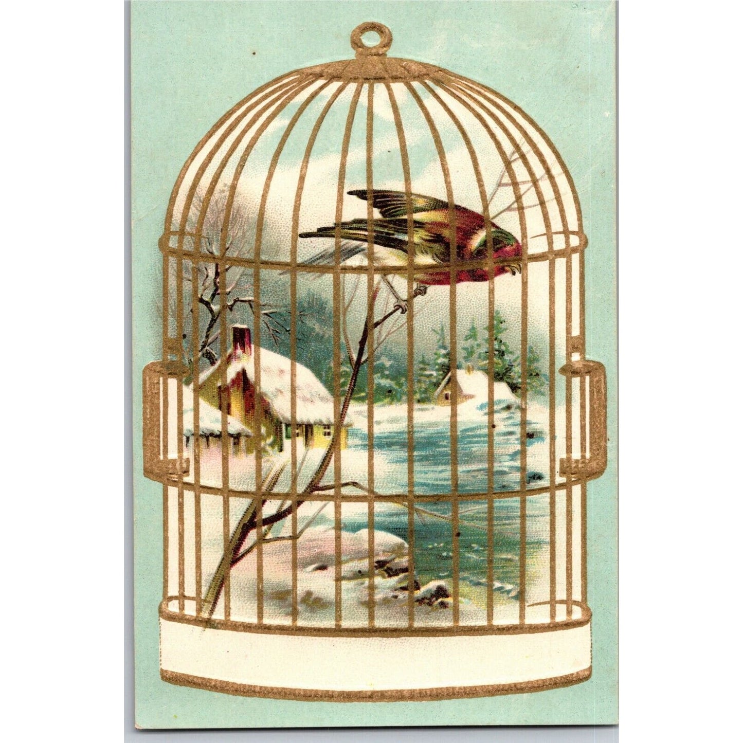 Bird in a Gilt Cage / Winter Home Scene - Victorian Trade Card - Lion Coffee