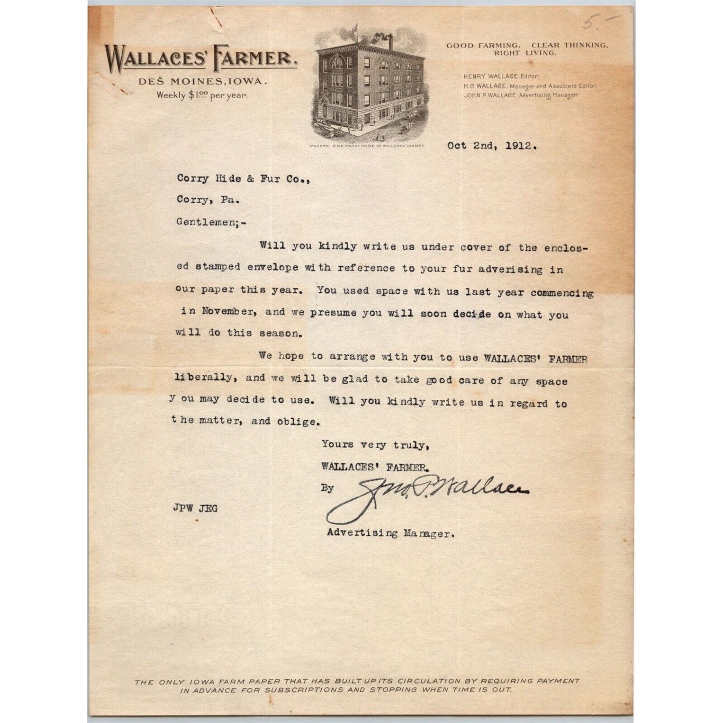 Wallaces' Farmer (Pub.) 1912 Letterhead Des Moines, IA to Corry Hide Furs, PA