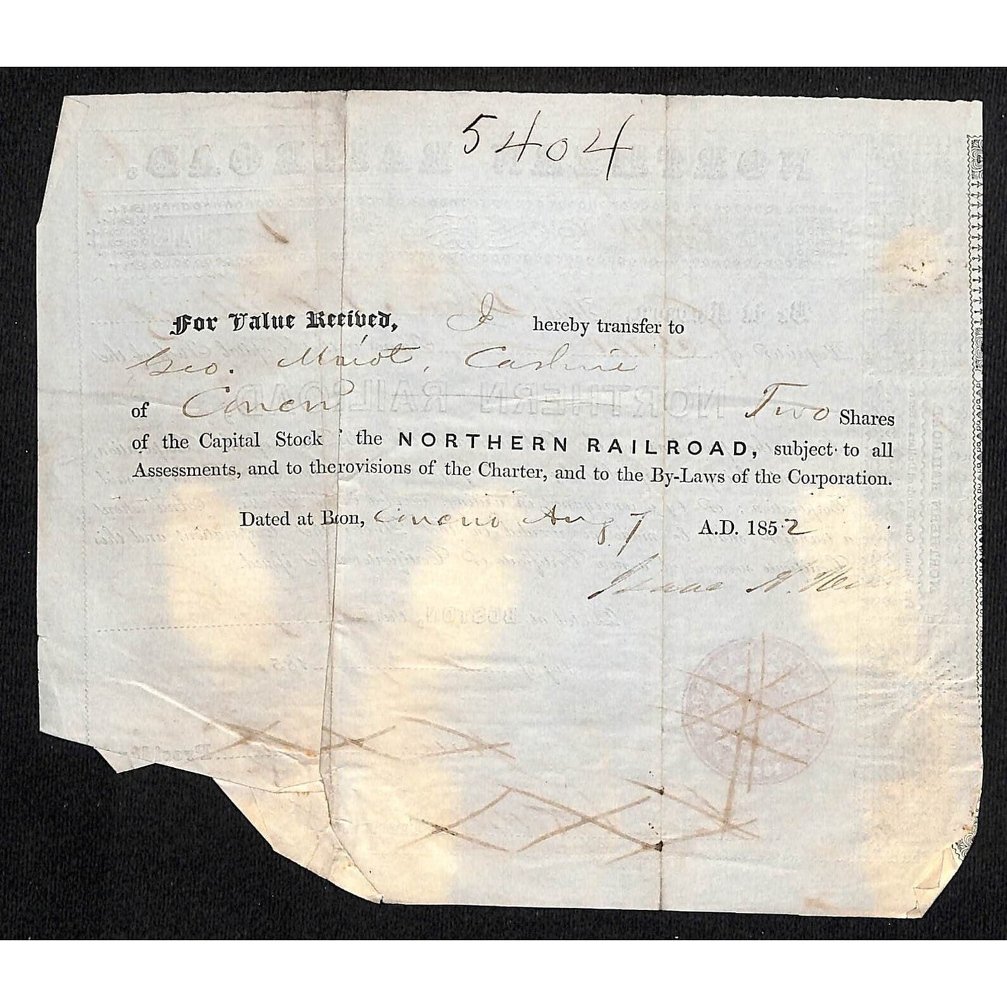 1851 Boston, MA Northern Railroad Stock Certificate No. 8570 for 2 Shares