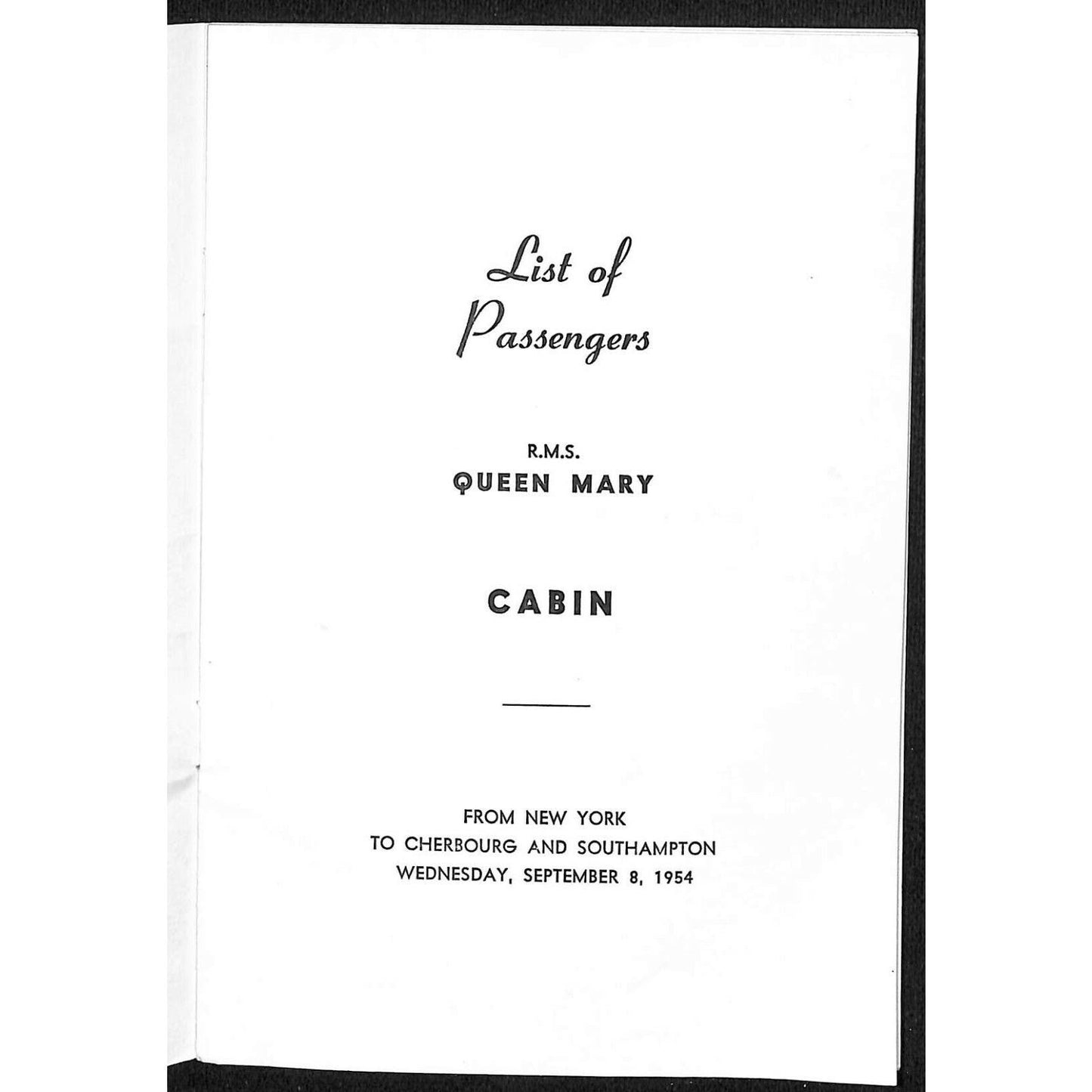 1954 Cunard Queen Mary Cruise Line Cabin Passenger List 9/8 to Cherbourg + VGC