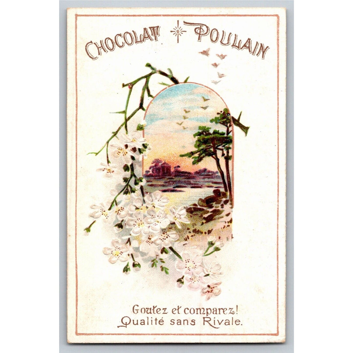 French Victorian Trade Card Chocolat Poulain / Chocolate Water Shore Floral Emb.