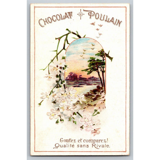 French Victorian Trade Card Chocolat Poulain / Chocolate Water Shore Floral Emb.