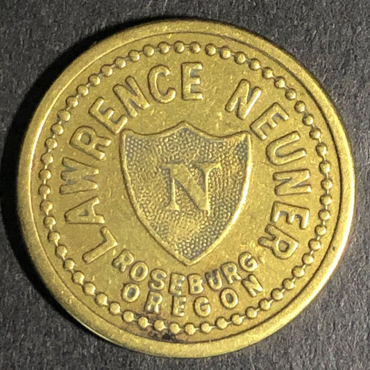 Lawrence Neuner Roseburg, ORE Cigar Store Brass G/F 5c Trade Token 21.1mm c1925