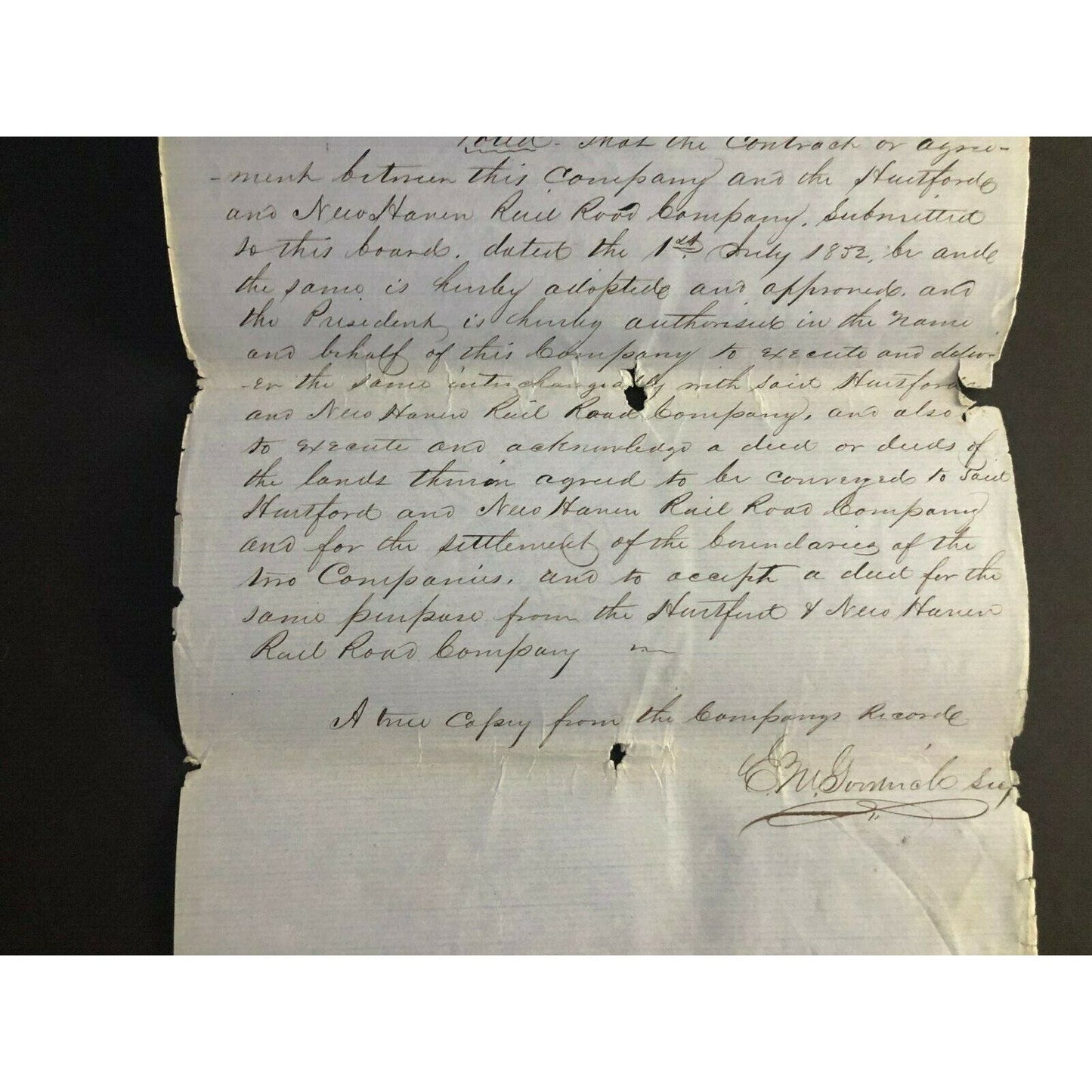 13pg.1852 Signed Agreement btwn Hartford & NH / Providence & Fishkill Railroads