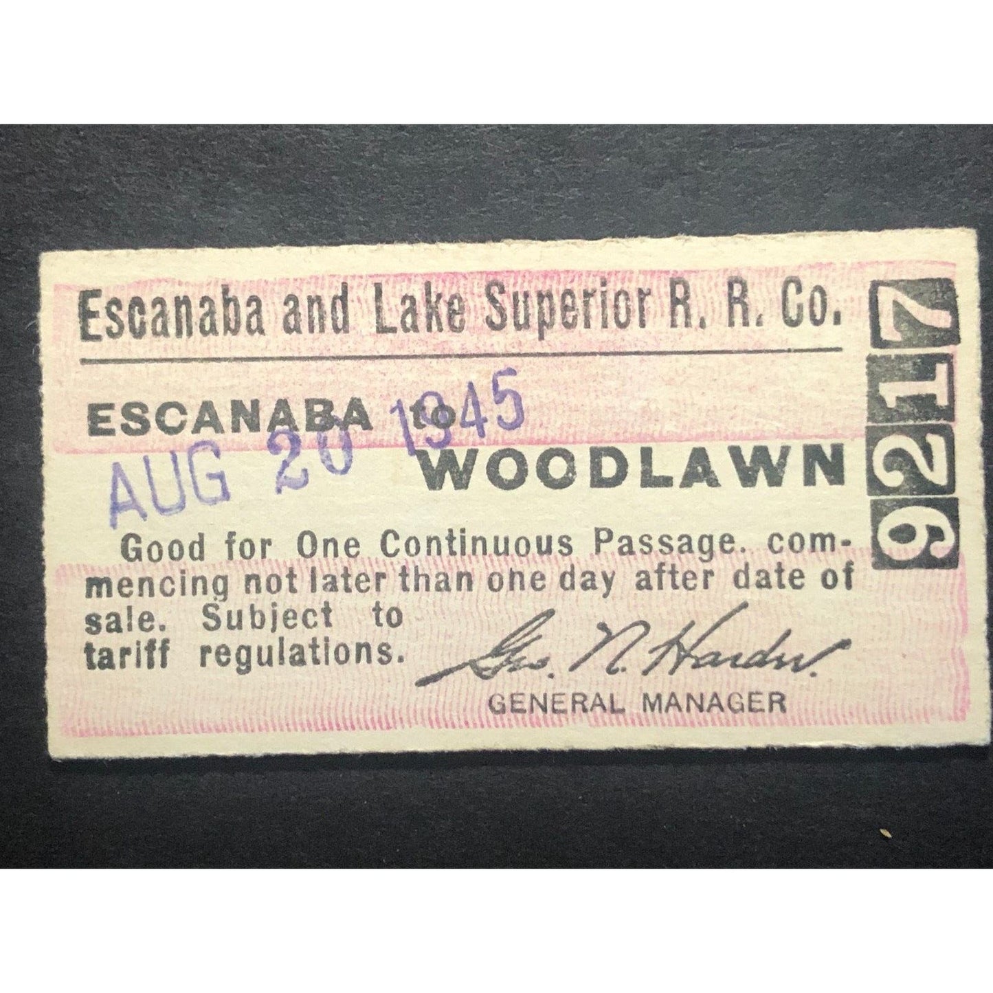 Escanaba & Lake Superior Railroad Ticket to Woodlawn 1945 #9217 Scarce