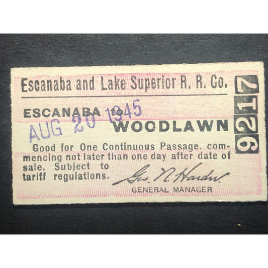 Escanaba & Lake Superior Railroad Ticket to Woodlawn 1945 #9217 Scarce