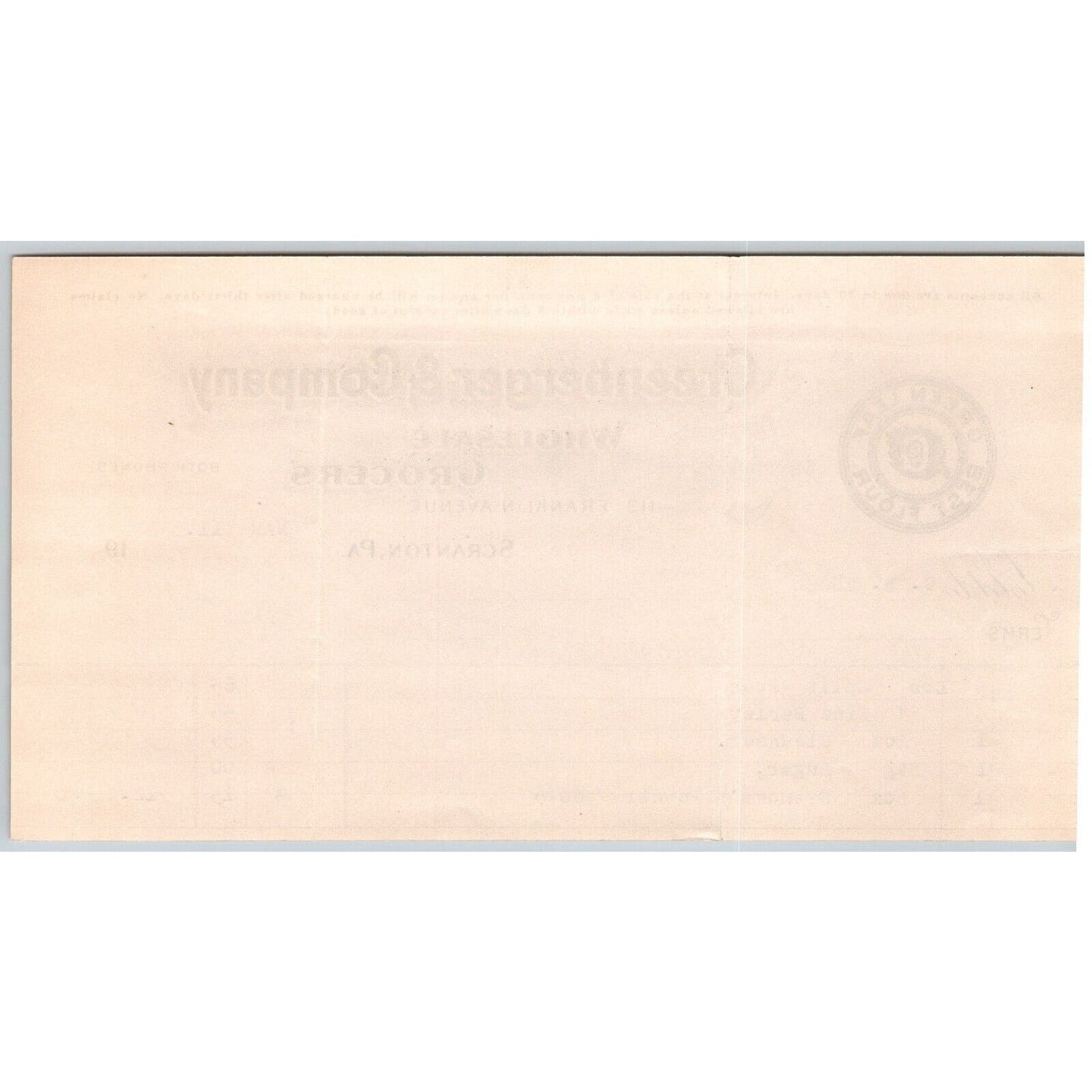 Scranton, PA Greenberger & Co. Grocers 1918 "C.B. Engel" Billhead Peas Barley