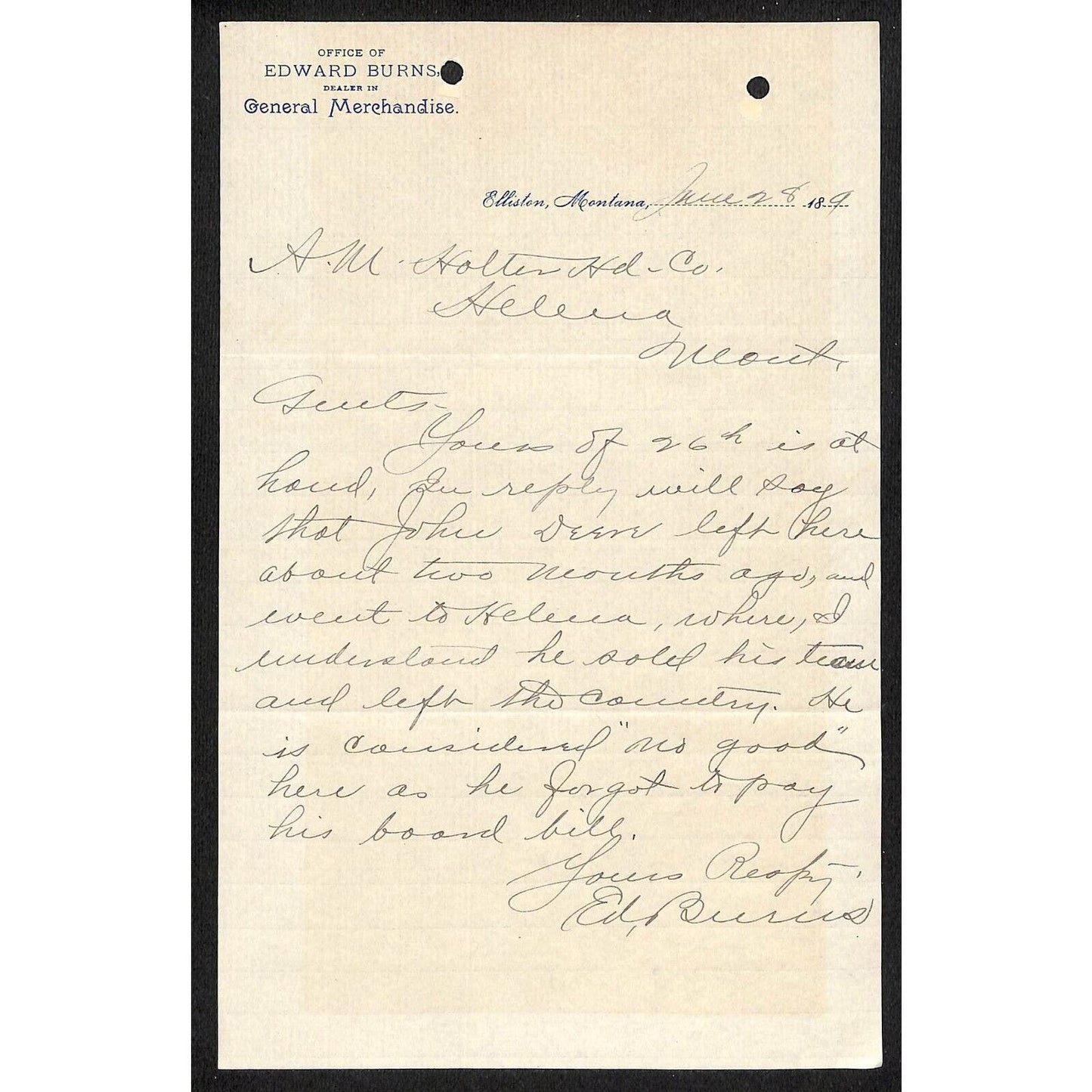 Elliston, MT Edward Burns General Merchandise June 28 c1890's Billhead VGC