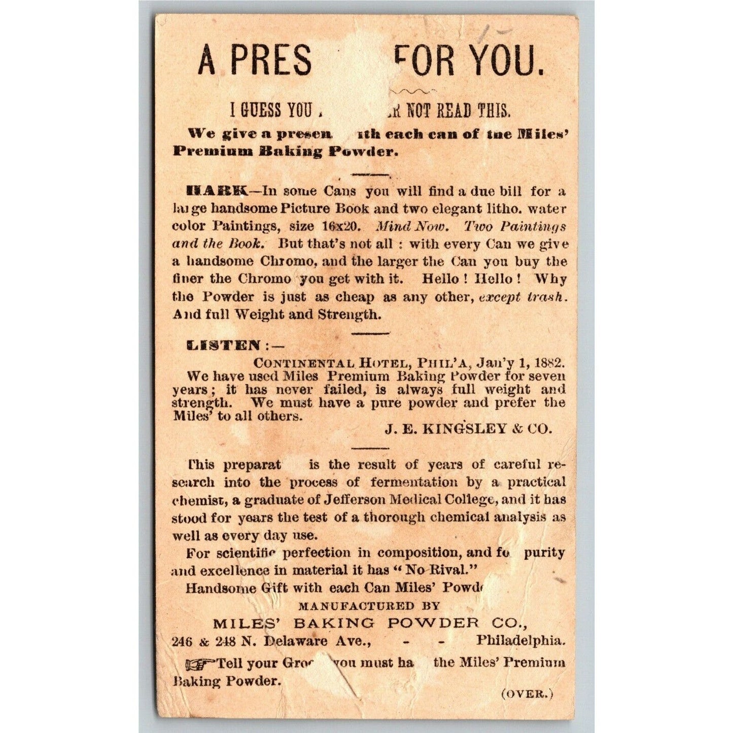 Miles Baking Powder Philadelphia "Don't Let Your Mother.." Victorian Trade Card