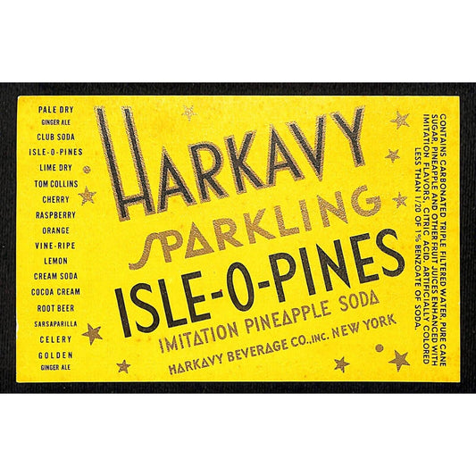 Harkavy Sparkling Isle-O-Pines Pineapple Soda Paper Soda Label - c1930's-40's