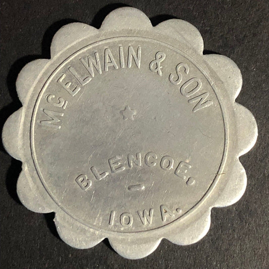 McElwain & Son Blencoe Iowa G/F $1 In Trade Scalloped Alum. Token 37.7mm Scarce