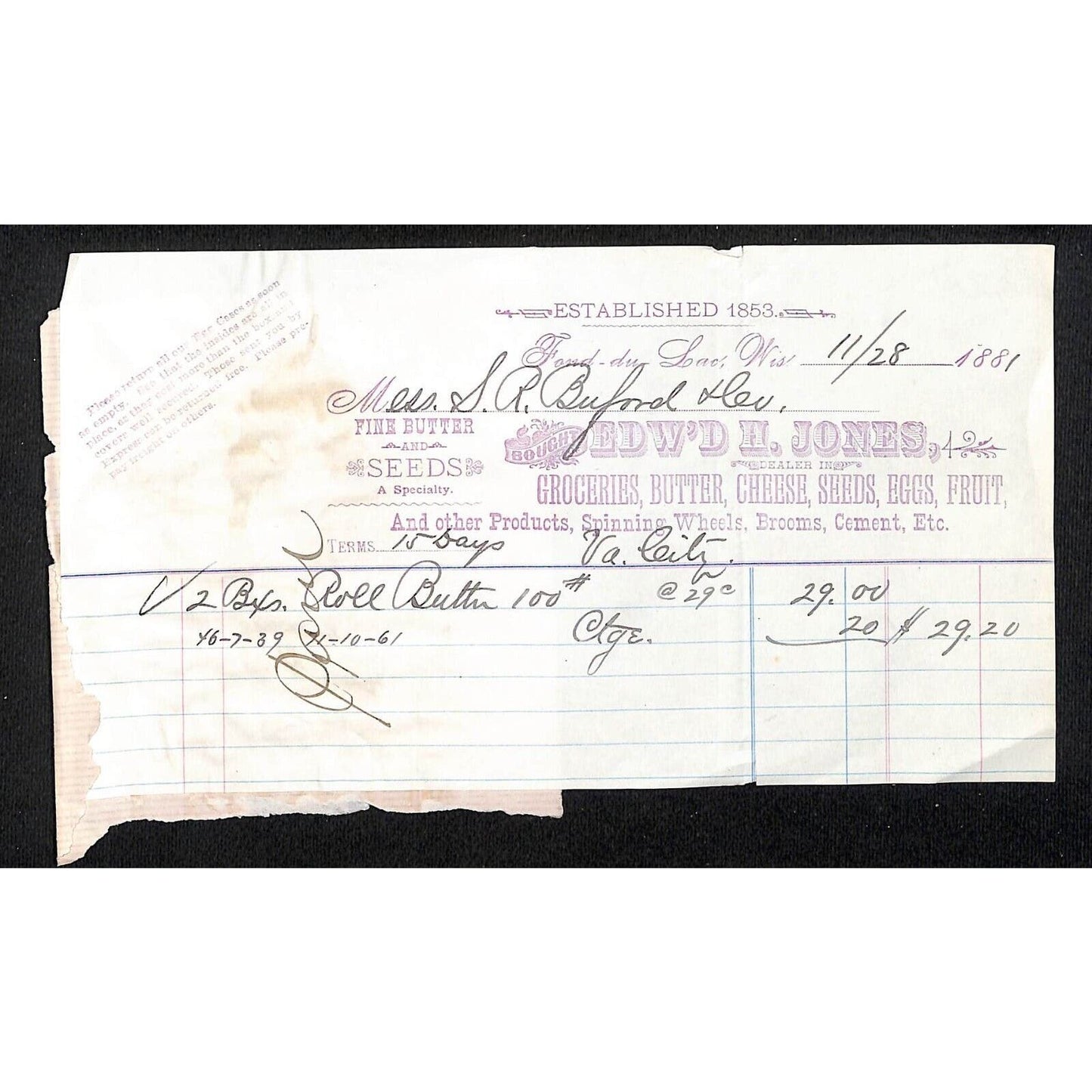 Fond du Lac, WI Edw'd H. Jones Groceries Spinning Wheels 1881 Billhead Buttons