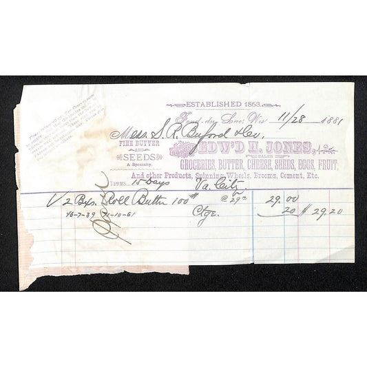 Fond du Lac, WI Edw'd H. Jones Groceries Spinning Wheels 1881 Billhead Buttons