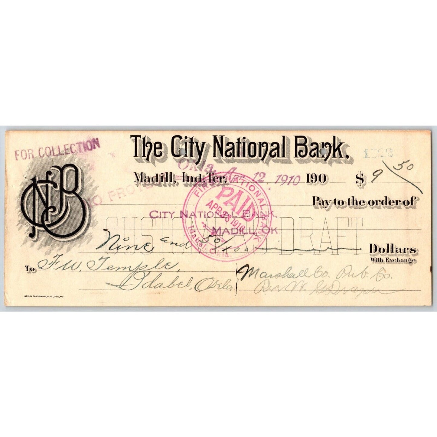 Madill, OK 1906 Indian Territory* City National Bank Check Scarce