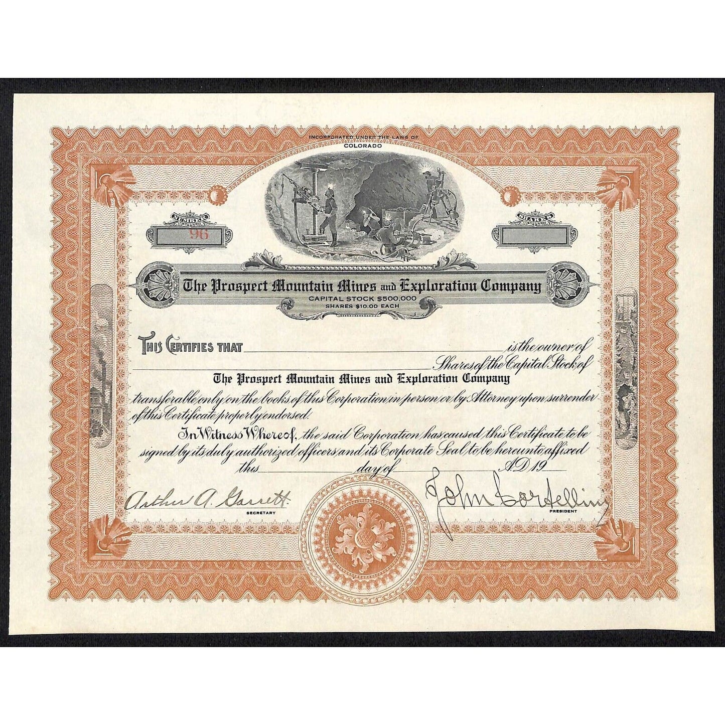 The Prospect Mountain Mines Exploration Company c1920 Stock Certificate #96