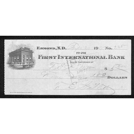 Esmond, ND "First International Bank" Check 1918 w/ Building Vignette