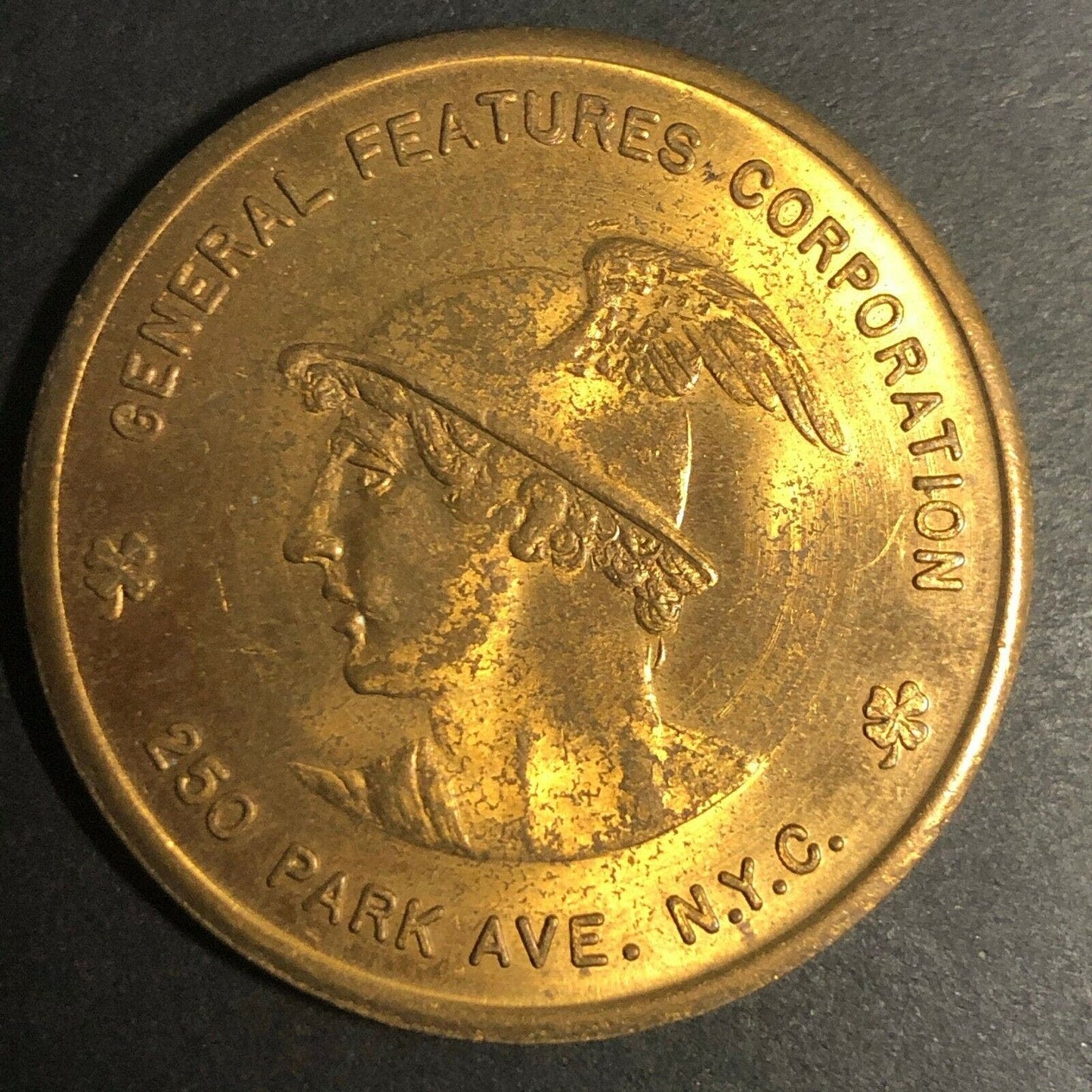 c1950's 35.35mm Brass "General Features Corp." Mercury Head - Globe Fauver Coll.