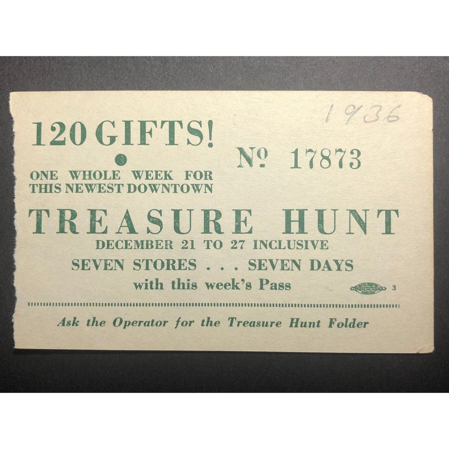 c1936 (Peninsula-St. John Area) Downtown December Treasure Hunt Ticket