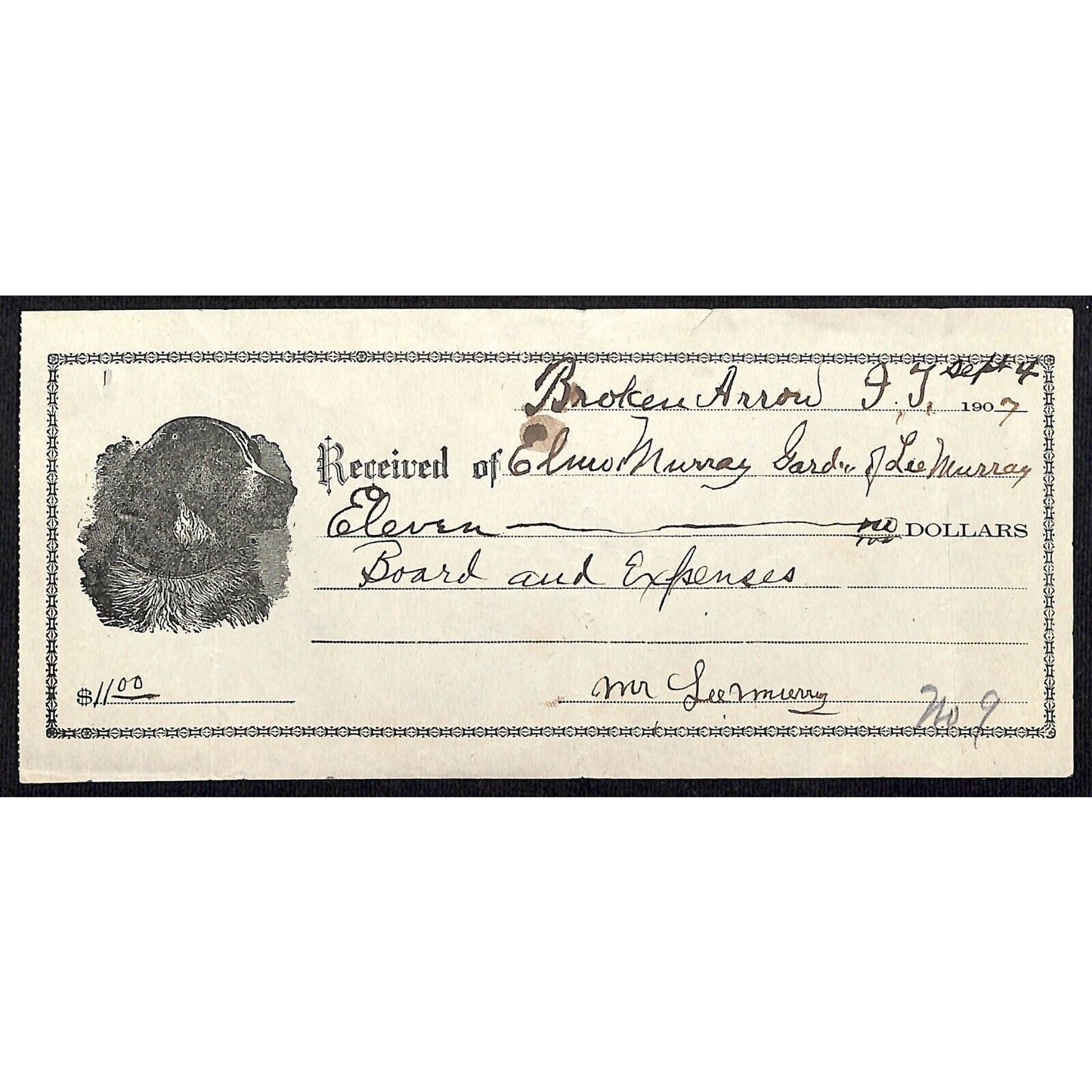 Broken Arrow, OK 1907 Indian Territory Receipt w/ Dog Head Portrait - Scarce