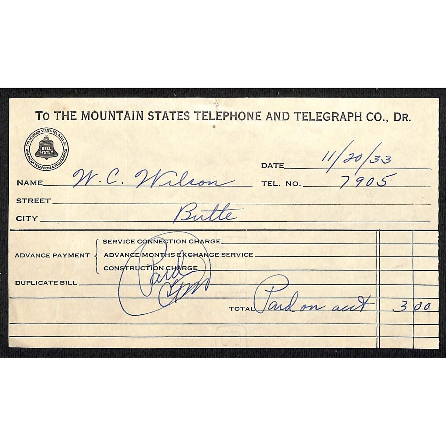 Mountain States Telephone Butte Montana 1933 Billhead Letterhead Wilson Drug