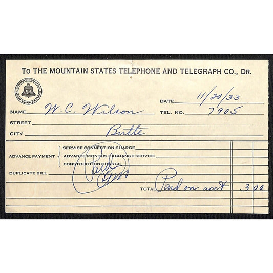 Mountain States Telephone Butte Montana 1933 Billhead Letterhead Wilson Drug