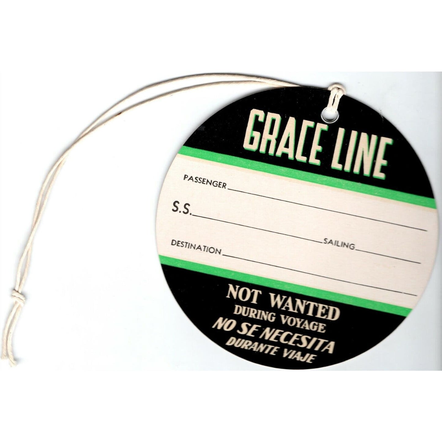 Vintage "Grace Line" Luggage Tag Round Green Black - Unused