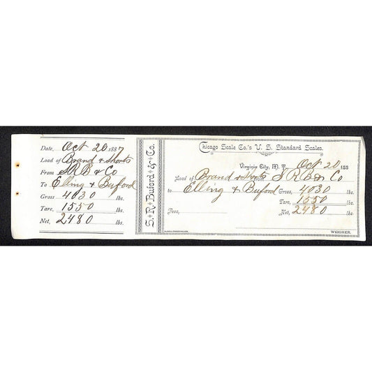 Virginia City Montana / S.R. Buford 1887 Scale Receipt w/ Register 2480 lbs.