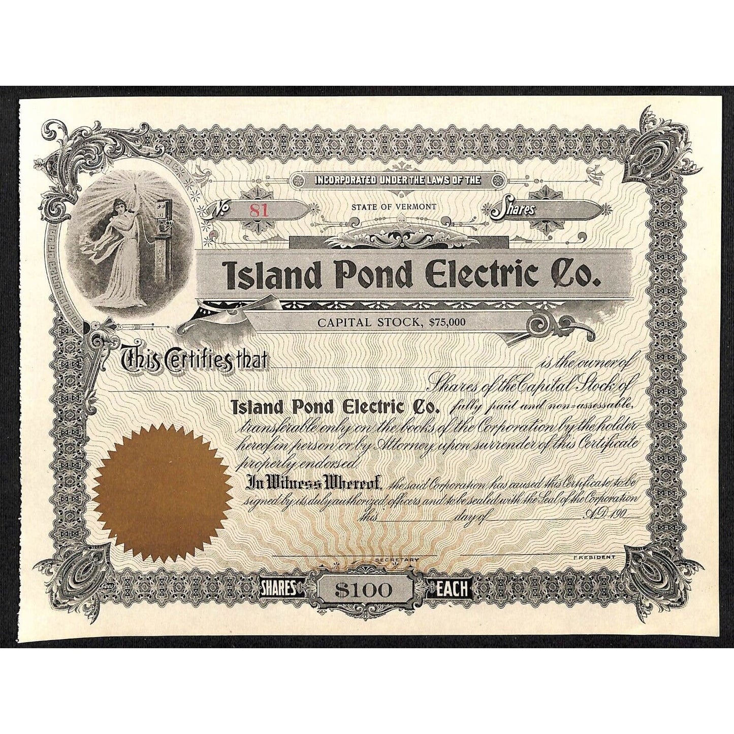 Island Pond Electric Co. Vermont c1900 - 1909 Unissued Stock Certificate