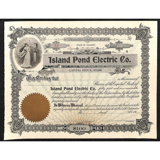 Island Pond Electric Co. Vermont c1900 - 1909 Unissued Stock Certificate