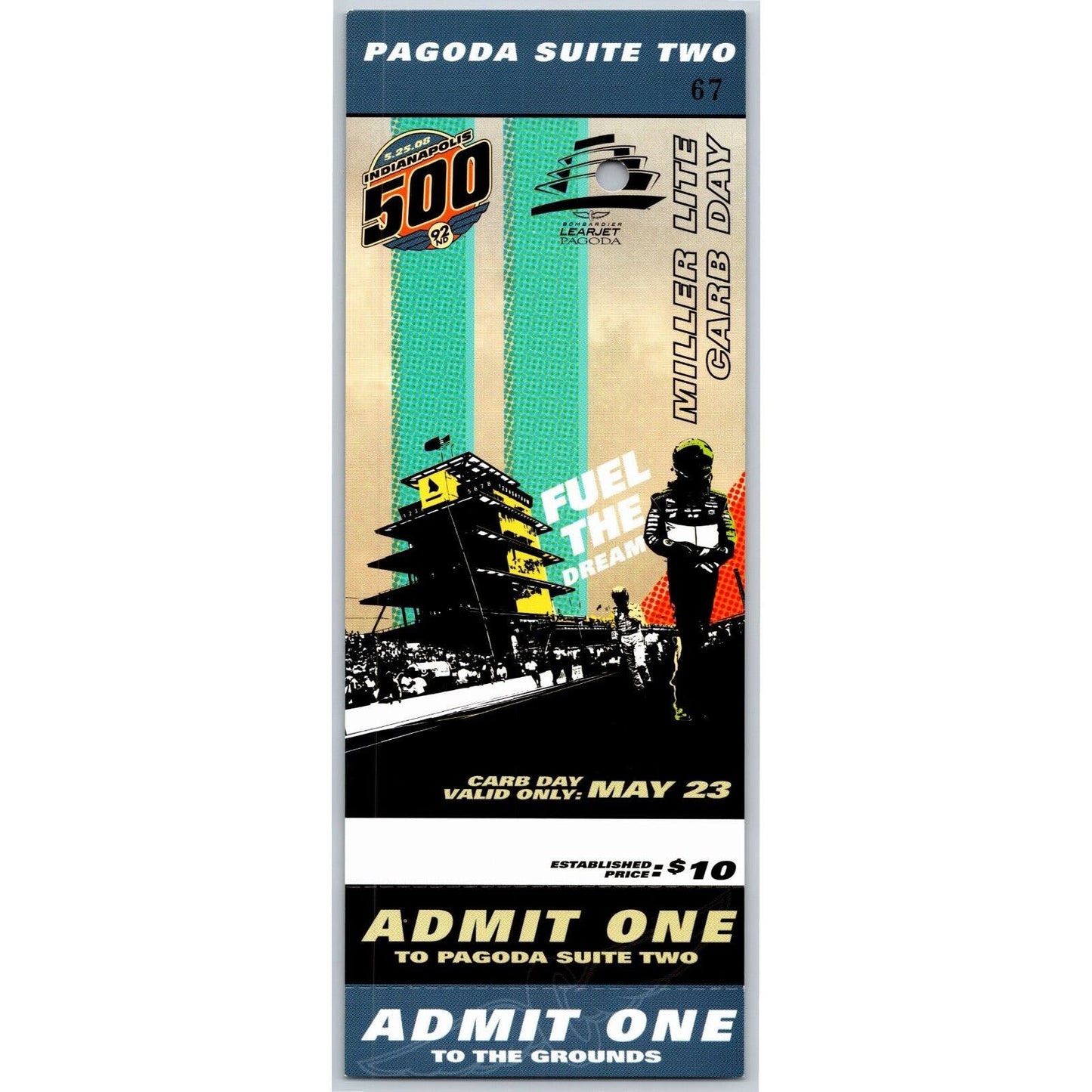 2008 Indy 500 Miller Lite Carb Day 5/23 Pagoda Suite Two Unused Ticket #67