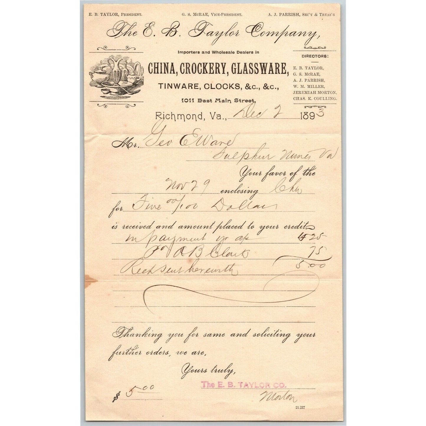 E.B. Taylor China Tinware Clocks Letterhead Richmond, VA to: Geo. E. Wear 1893