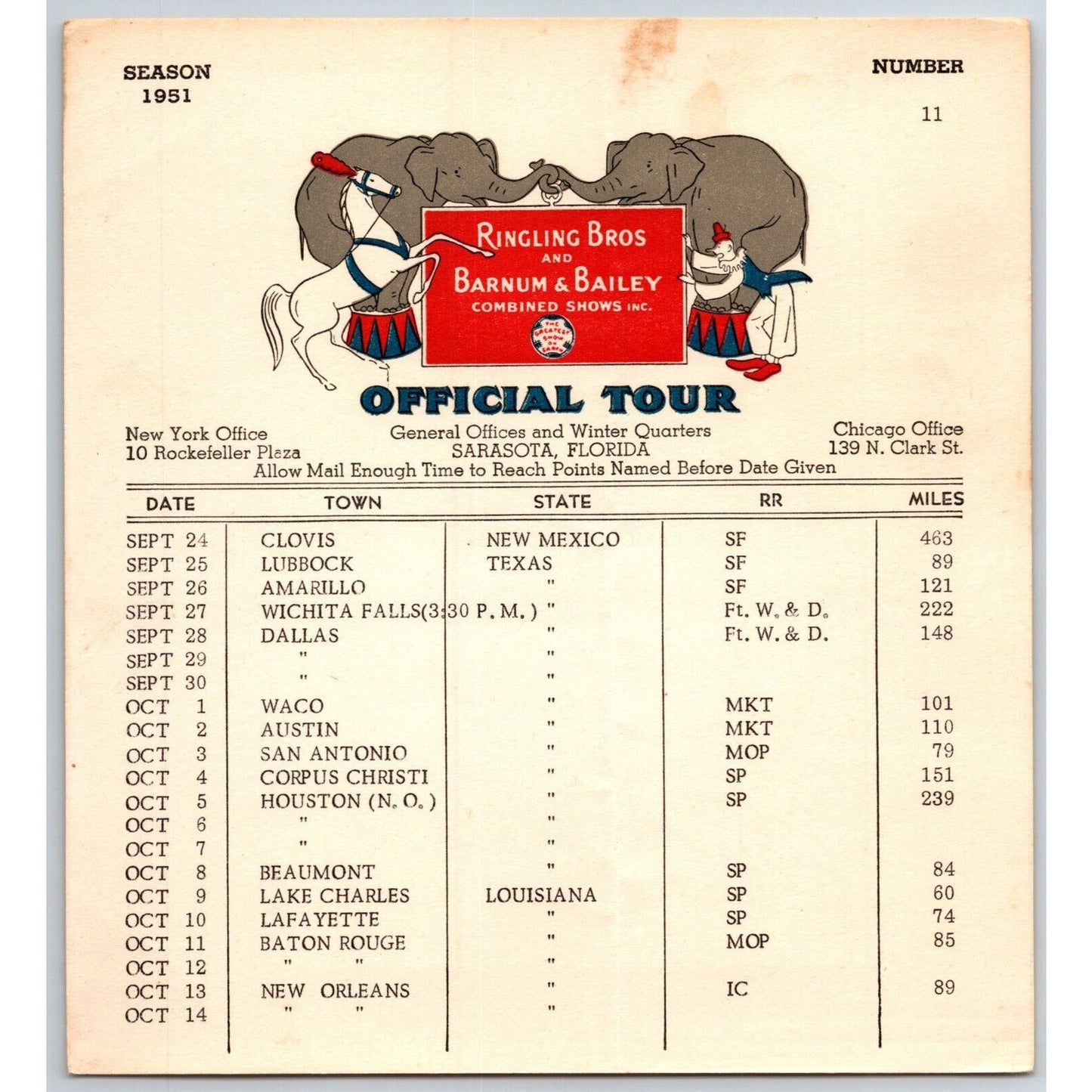1951 Ringling Bros Barnum Bailey Circus Route Card Dallas Houston New Orleans