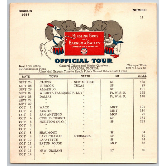 1951 Ringling Bros Barnum Bailey Circus Route Card Dallas Houston New Orleans
