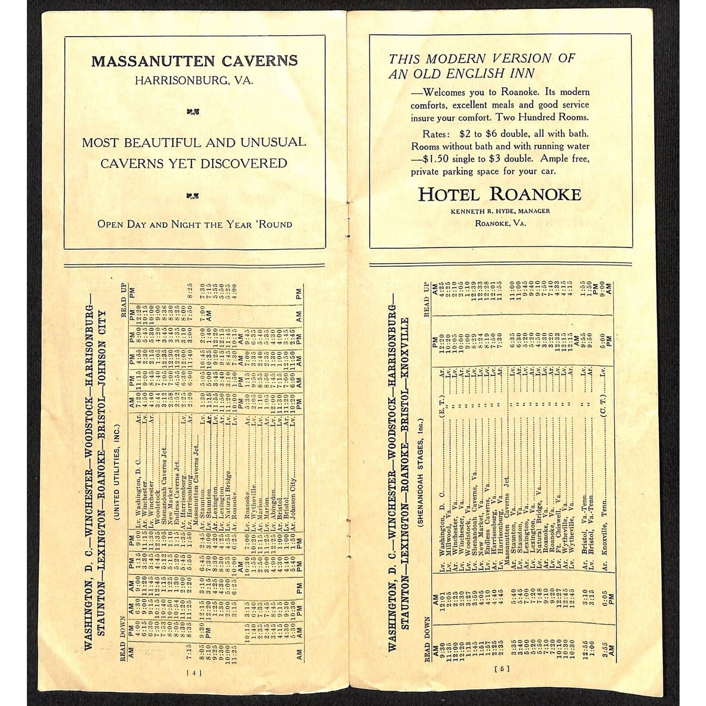 1931 Consolidated Bus Schedules Shenandoah Valley Natural Bridge, VA Scarce 11pp