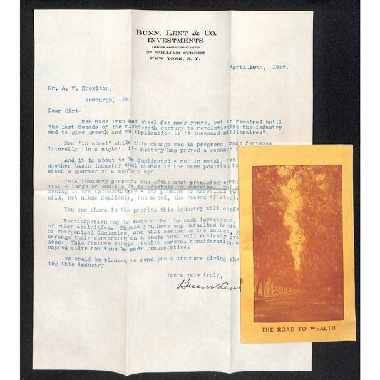 New York, NY Bunn, Lent & Co. 1910 Investments Letterhead & Booklet VGC