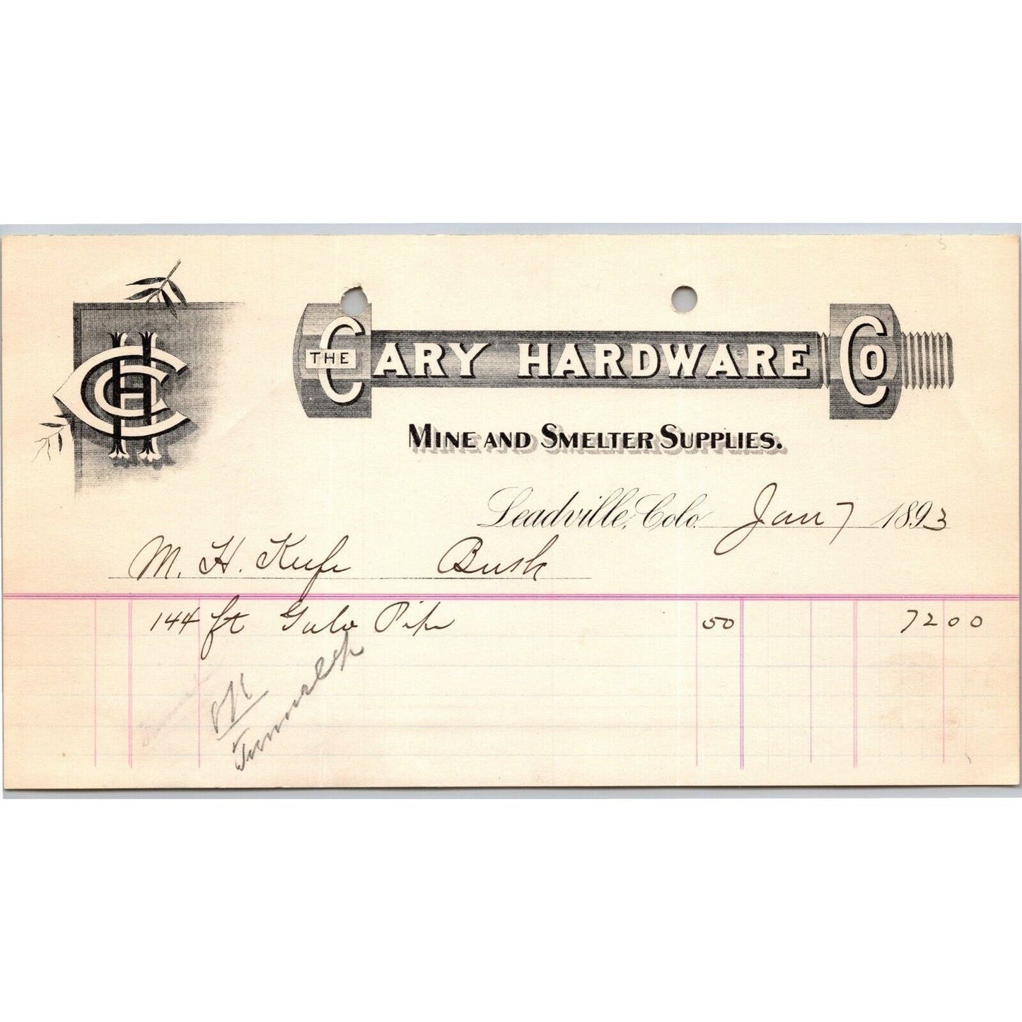 1893 Leadville, CO Cary Hardware "Mine Smelting Supplies" Letterhead M.H. Keefe