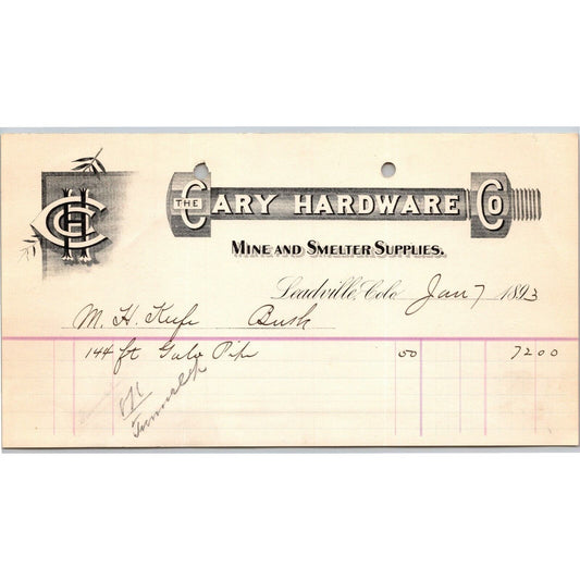 1893 Leadville, CO Cary Hardware "Mine Smelting Supplies" Letterhead M.H. Keefe