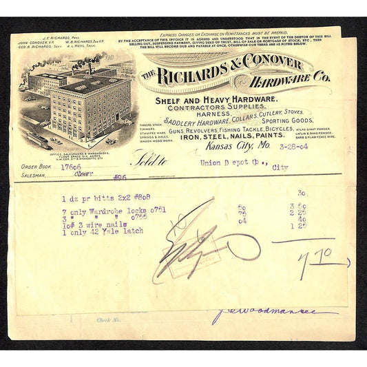 Kansas City, MO Richards & Conover Hardware Co. & Union Depot Co. 1904 Billheads