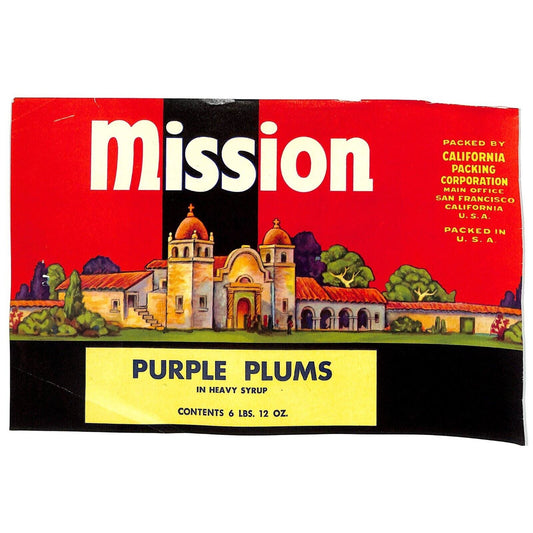 1950 Paper Fruit Can Label Mission Brand Purple Plums VGC Scarce
