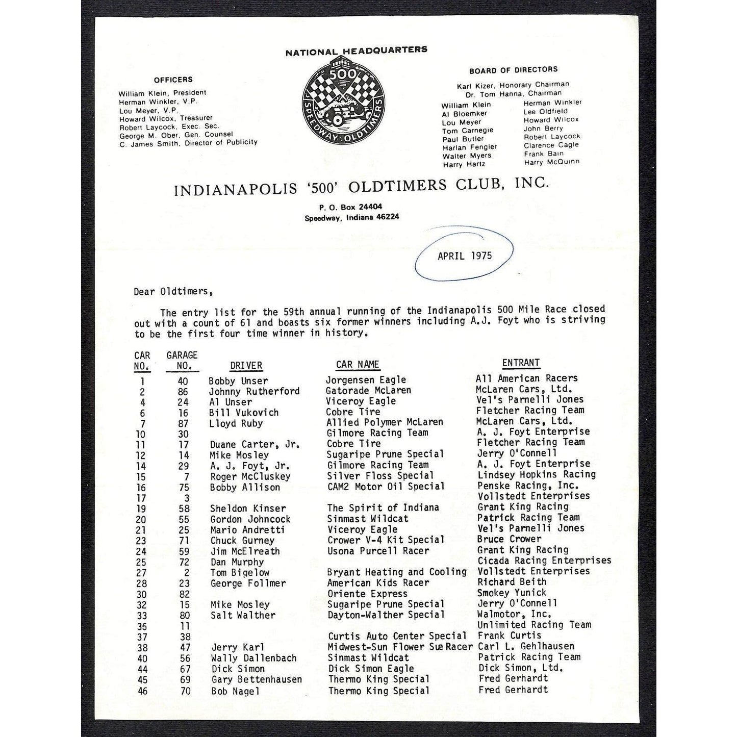 1975 Indy 500 Indianapolis Motor Speedway Oldtimers Club Driver Entry List