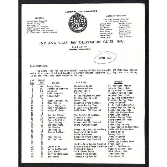 1975 Indy 500 Indianapolis Motor Speedway Oldtimers Club Driver Entry List