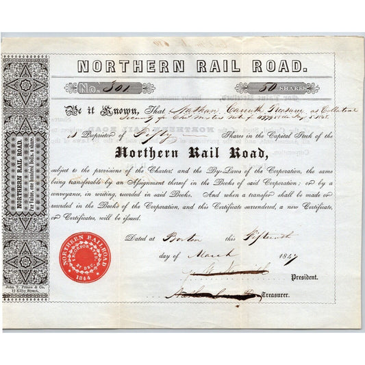 1847 Boston, MA Northern Railroad Stock Certificate LOW No. 301 for 50 Shares