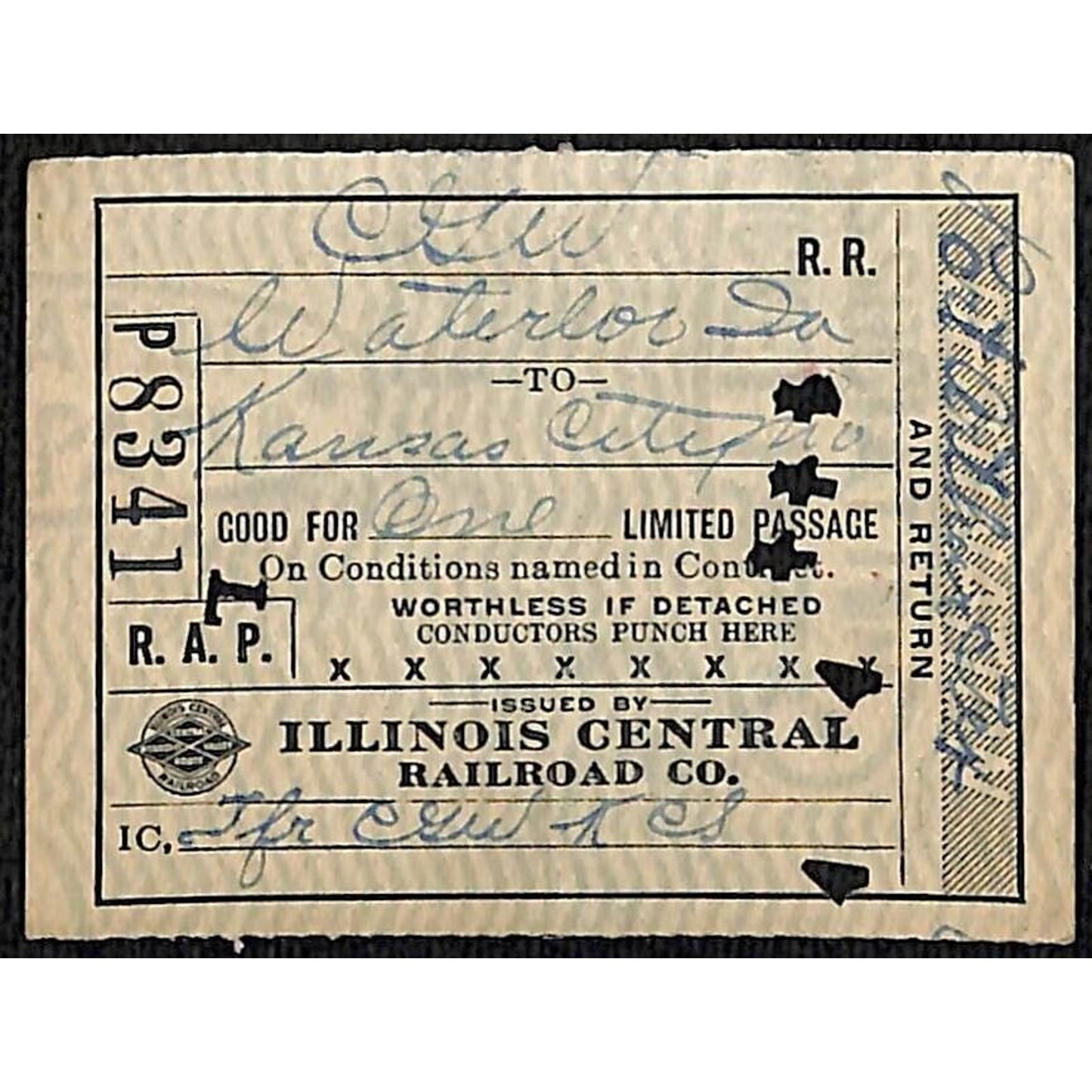 1918 Illinois Central Railroad Ticket San Antonio Waterloo to Kansas City #8341