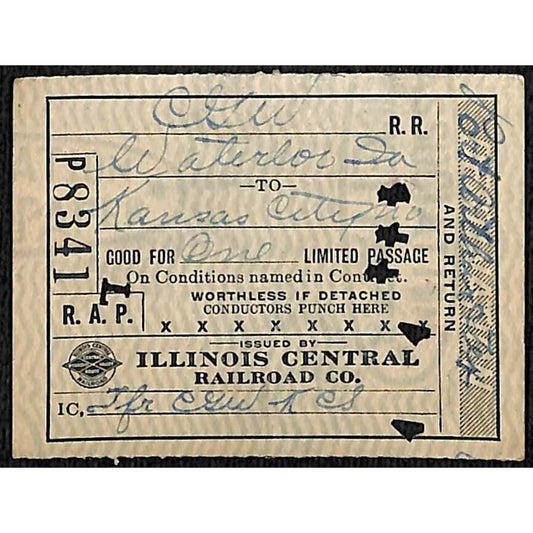 1918 Illinois Central Railroad Ticket San Antonio Waterloo to Kansas City #8341